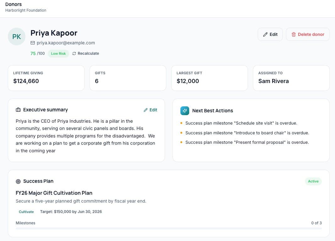 Donor Success donor profile showing health score, executive summary, Next Best Actions, and success plan